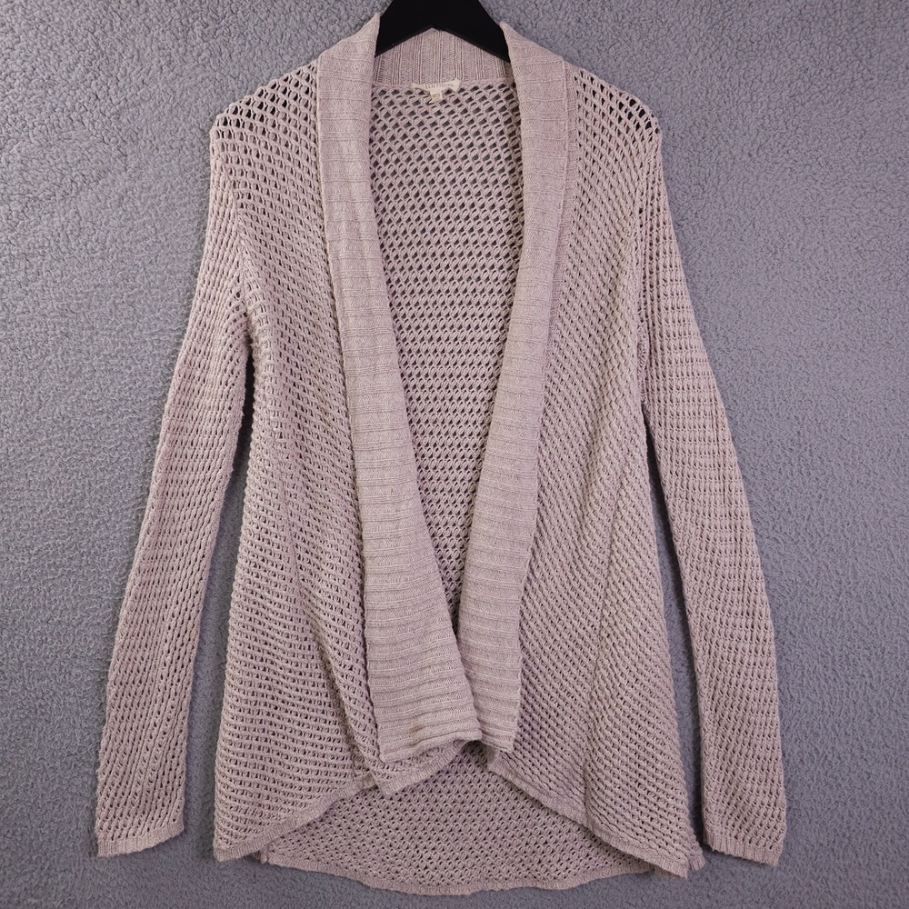 Eileen Fisher Sweater Womens XS Beige Open Knit Open Front Draped Cardigan Boho